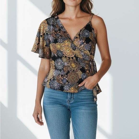 Atelier Nicole hiller 90’s -Y2K, black silk asymmetrical with medallion print - Picture 2 of 11